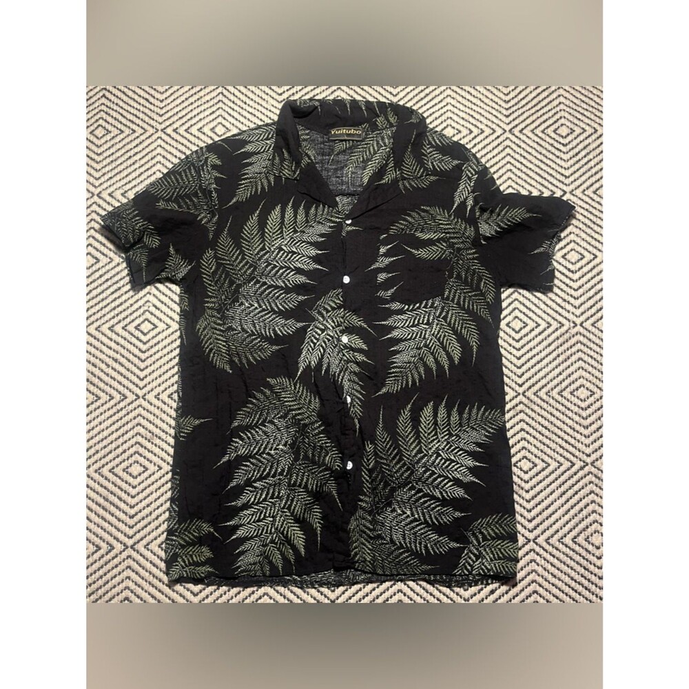 vintage Black green button down fern plant botanical whimsical shirt 100% cotton